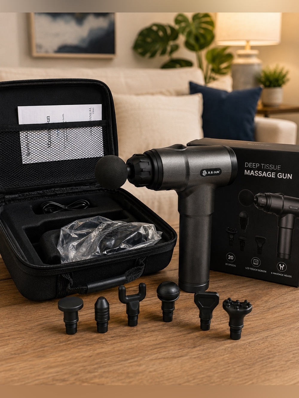 Deep Tissue Percussion Massage Gun w/ Case & 6 Heads | LCD Touch | 20 Speeds